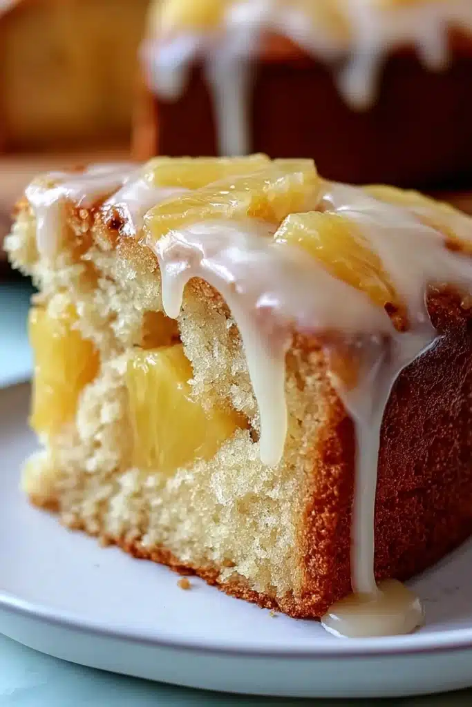 Delicious Easter Pineapple Heaven Cake 3 Close up of Delicious Easter Pineapple Heaven Cake slice with glossy glaze and pineapple chunks