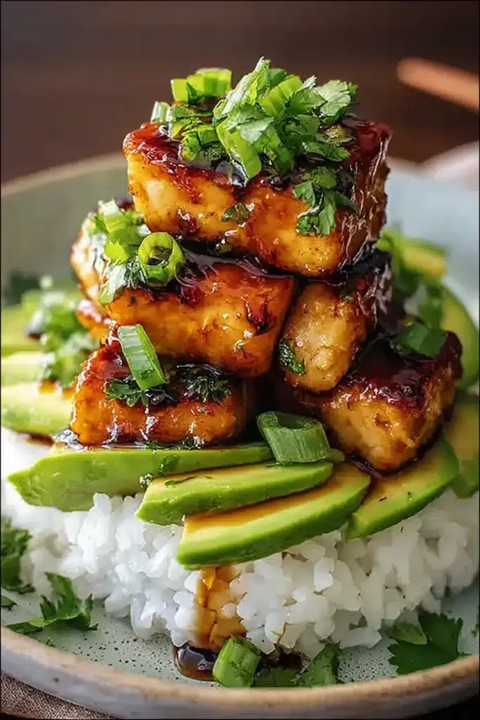 Delicious Honey Lime Chicken Recipe with Avocado Rice 2 Honey lime glazed chicken stack with avocado and rice on stoneware plate