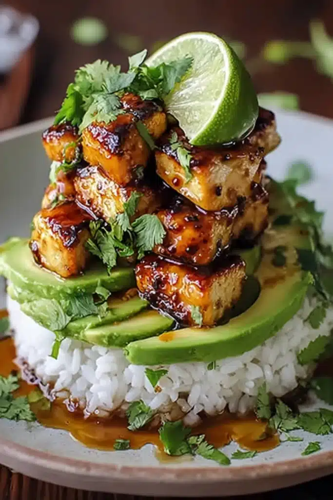 Delicious Honey Lime Chicken Recipe with Avocado Rice 1 Delicious Honey Lime Chicken stack with avocado and rice on stoneware plate