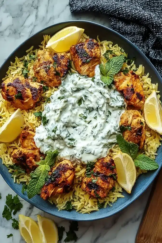 Dump And Bake Chicken Tzatziki Rice 2 Dump And Bake Chicken Tzatziki Rice with grilled chicken, fluffy rice, and creamy tzatziki sauce