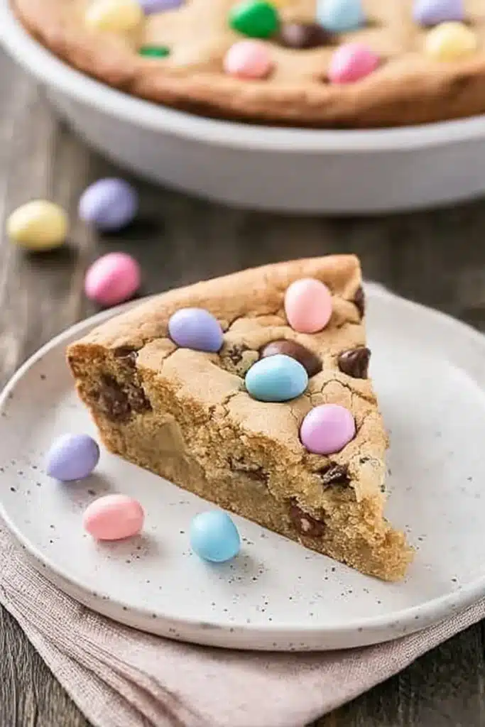 Easter Cookie Cake 1 Slice of Easter cookie cake with pastel candies on a ceramic plate