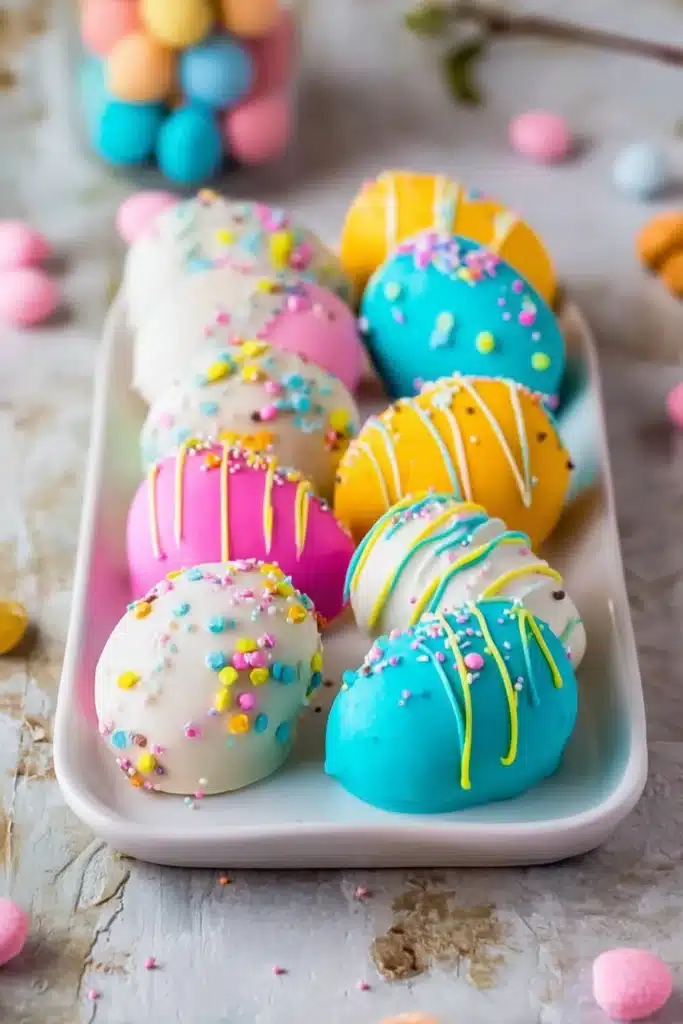 Easter Egg Oreo Balls 1 Colorful Easter Egg Oreo balls with sprinkles on a serving plate