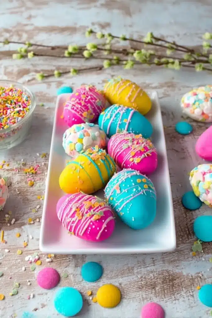 Easter Egg Oreo Balls 3 Colorful Easter Egg Oreo balls with sprinkles on a serving plate