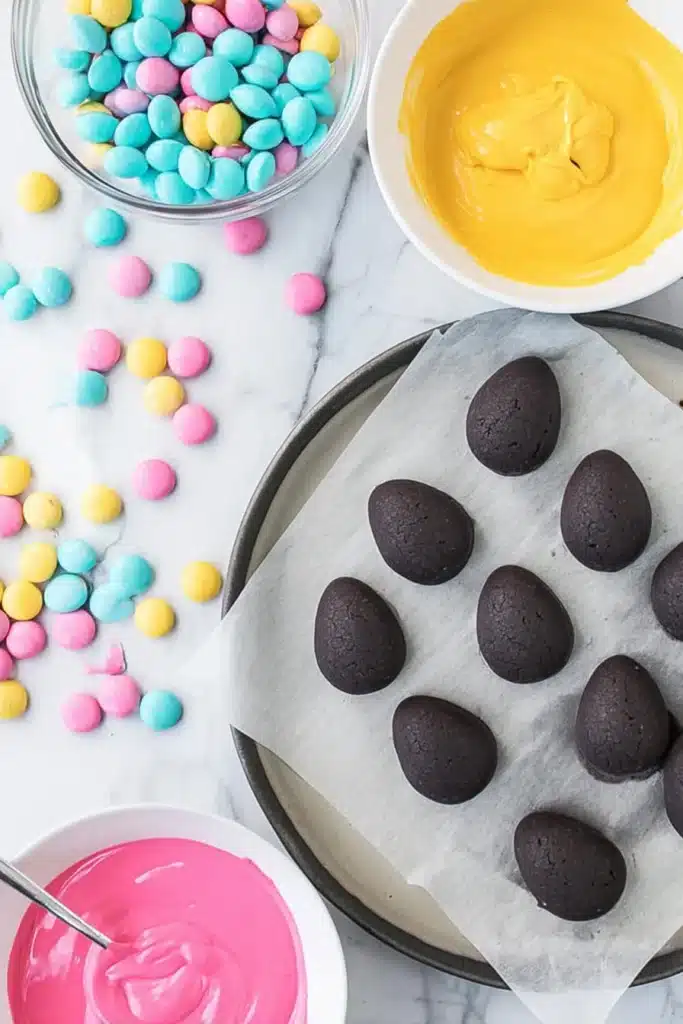 Easter Egg Oreo Balls 2 Shaped Easter Egg Oreo balls before dipping in pastel candy coating