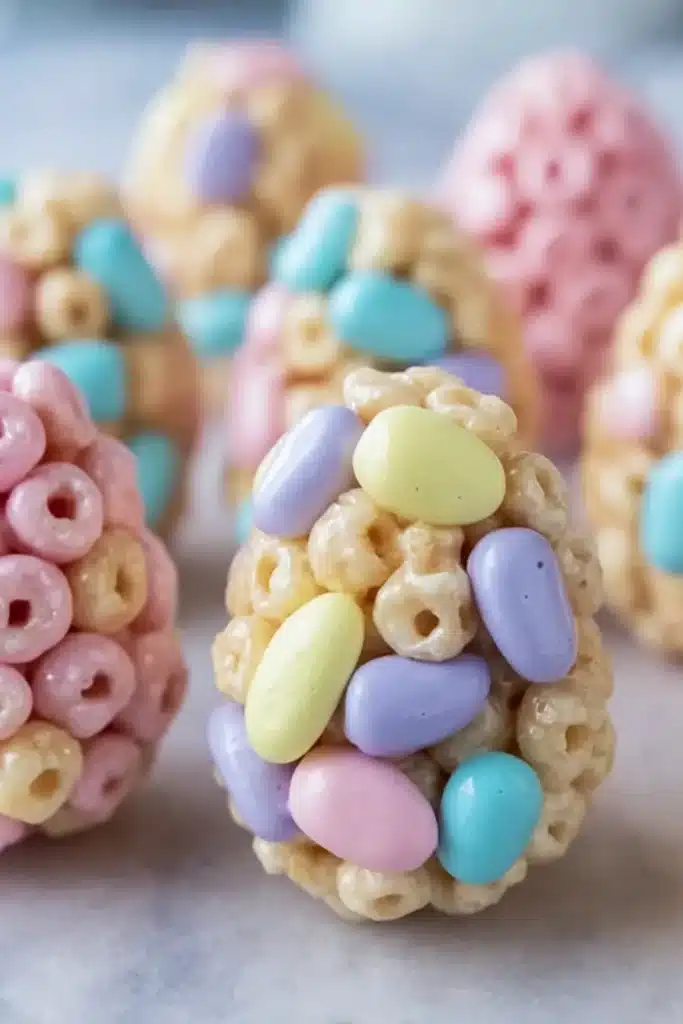 Easter Egg Rice Krispie Treats: A Fun and Easy No-Bake Easter Dessert 1 Pastel Easter egg Rice Krispie treats coated in colorful candy shells on stone surface