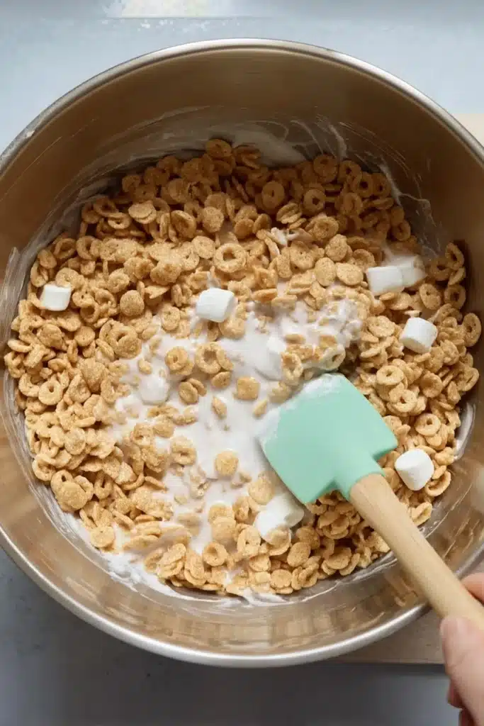 Easter Egg Rice Krispie Treats: A Fun and Easy No-Bake Easter Dessert 3 Mixing marshmallow and cereal for Easter Egg Rice Krispie Treats