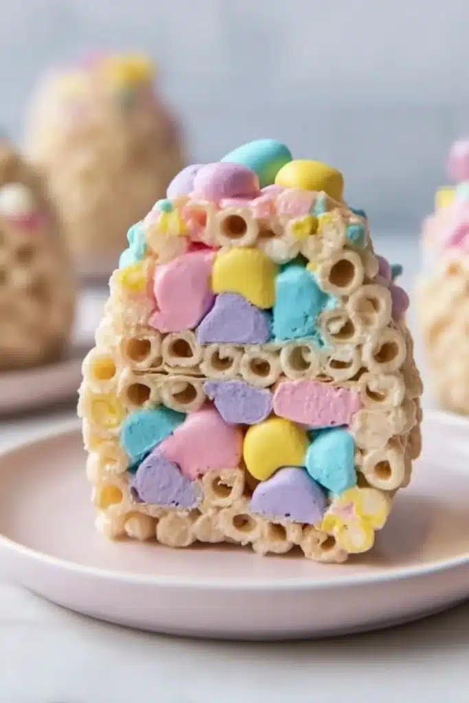 Easter Egg Rice Krispie Treats: A Fun and Easy No-Bake Easter Dessert 2 Sliced Easter Egg Rice Krispie Treats showing colorful chewy interior