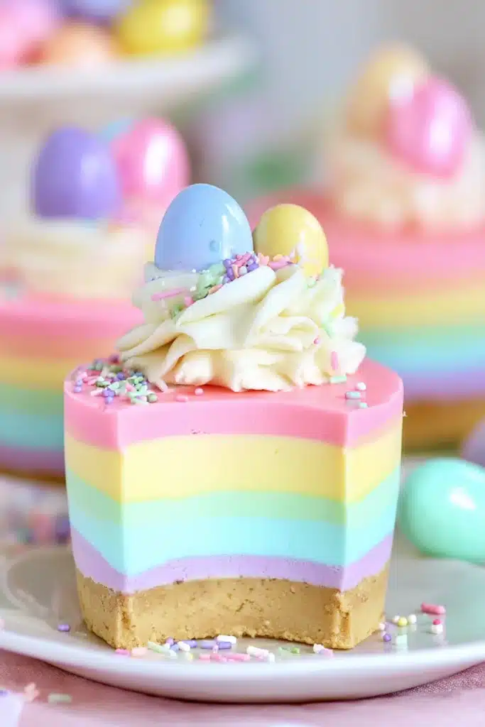 Easter No-Bake Mini Cheesecakes 2 Pastel Easter no-bake mini cheesecake with whipped cream and candy eggs