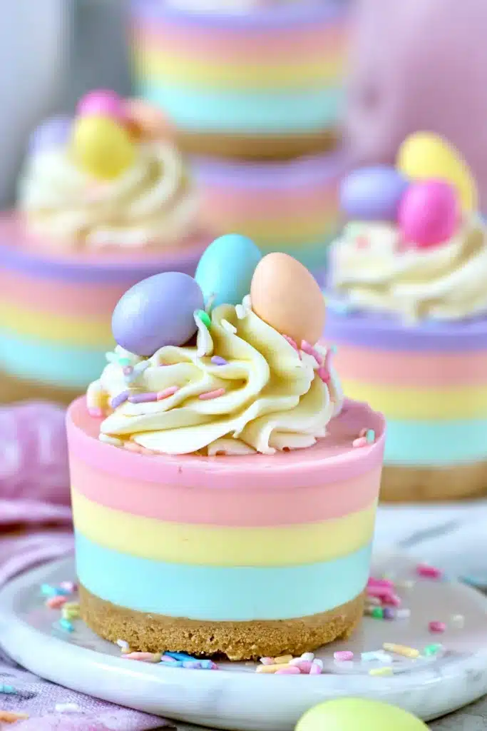 Easter No-Bake Mini Cheesecakes 1 Easter No-Bake Mini Cheesecakes with pastel layers and whipped cream