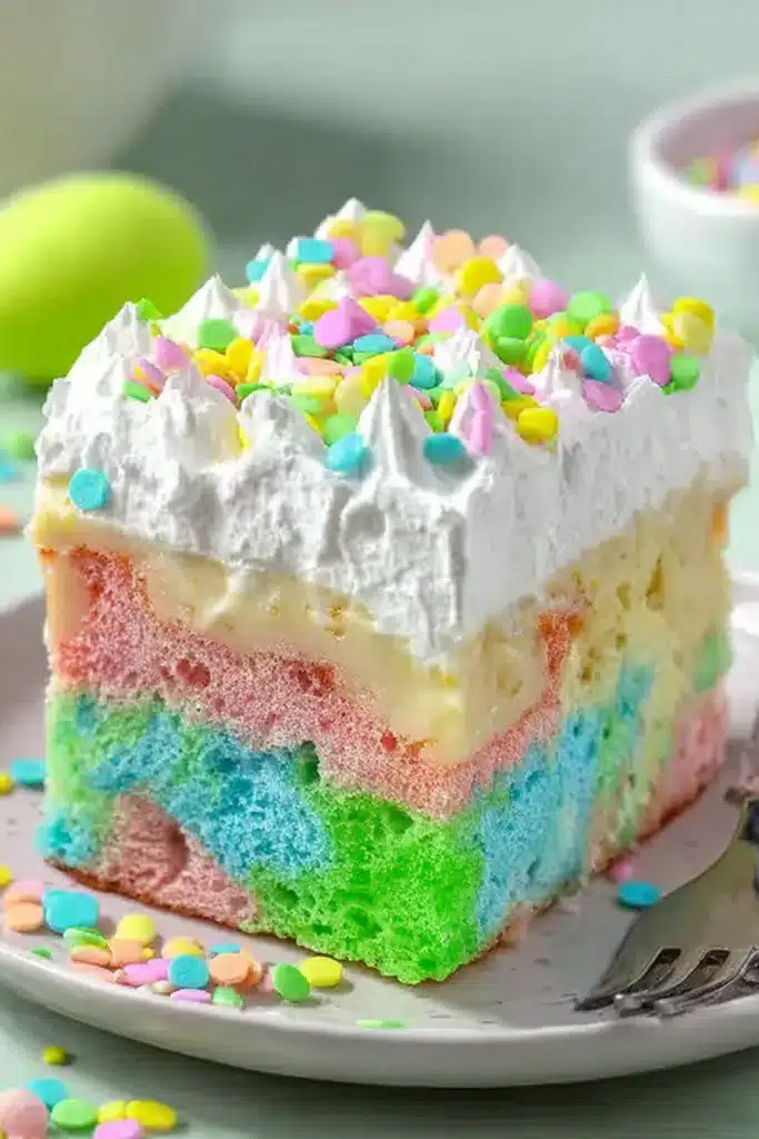 Easter Poke Cake 1 Colorful Easter poke cake slice with pastel layers, creamy pudding filling, and whipped cream topping with sprinkles
