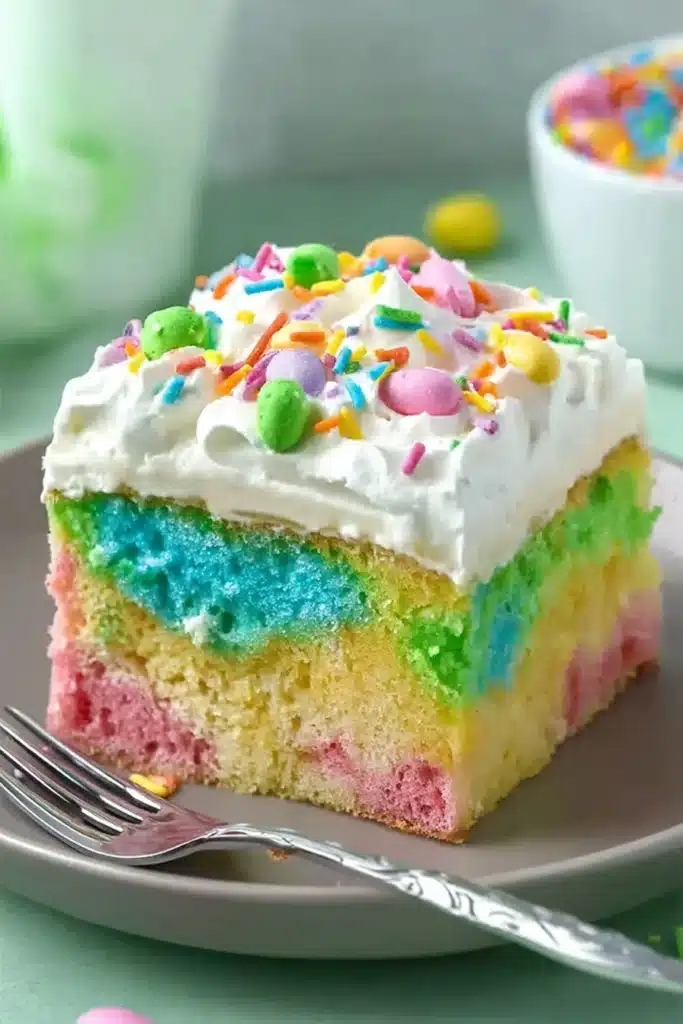 Easter Poke Cake 2 Colorful Easter poke cake slice with pastel layers, creamy pudding filling, and whipped cream topping with sprinkles