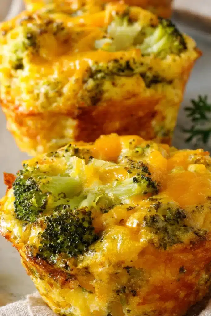 Easy Broccoli Cheese Cups 1 Easy broccoli cheese cups with crispy edges and melted cheddar in close-up