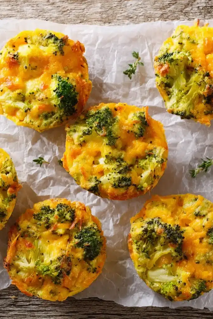 Easy Broccoli Cheese Cups 3 Easy Broccoli Cheese Cups baked golden and crispy on parchment paper