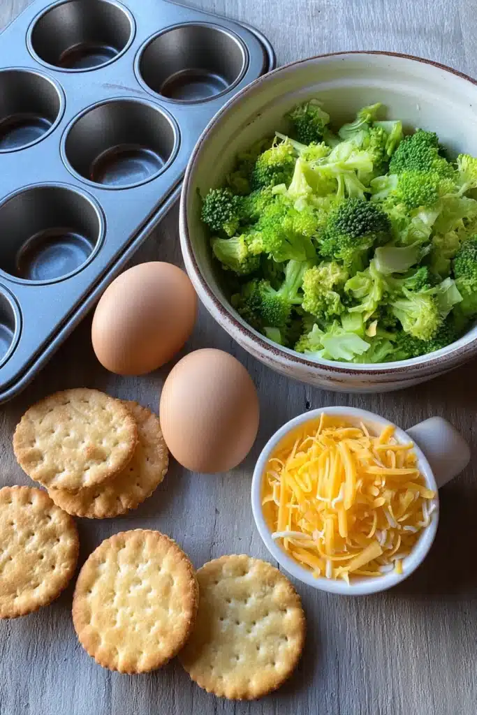 Easy Broccoli Cheese Cups 2 Easy Broccoli Cheese Cups ingredients with broccoli cheese crackers and egg