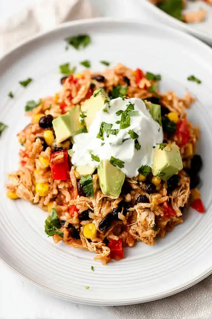 Easy Chicken Burrito Casserole topped with avocado and sour cream