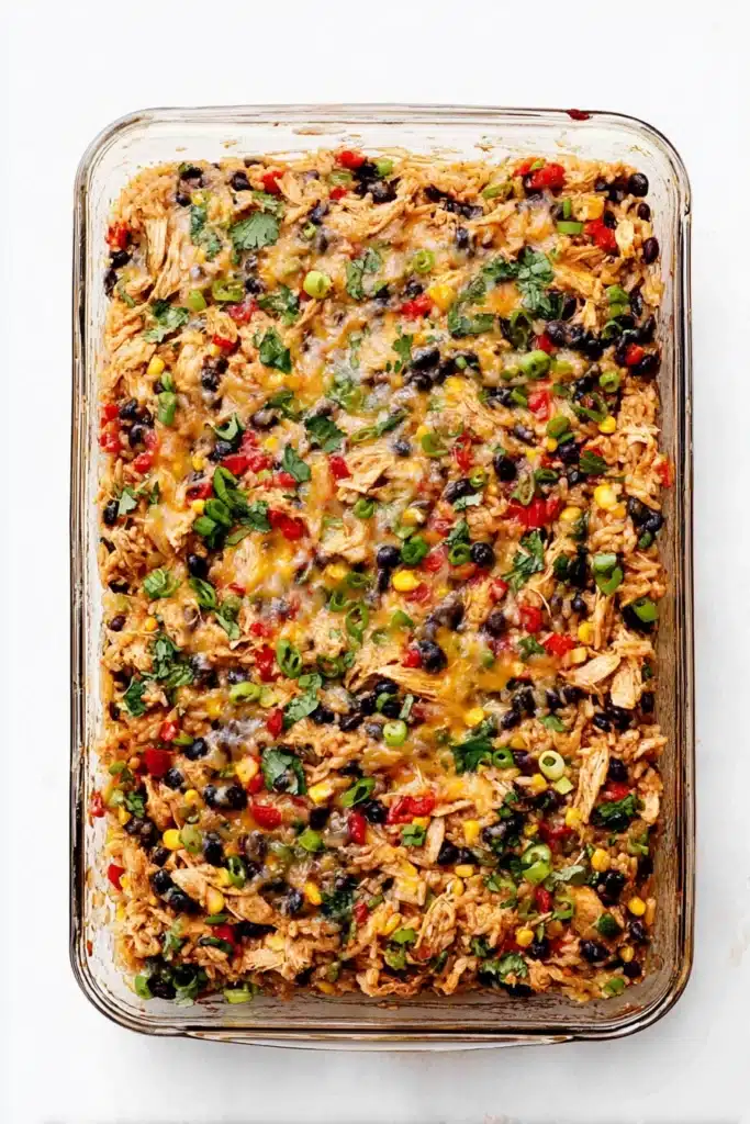 Easy Chicken Burrito Casserole baked in glass dish with black beans and cheese