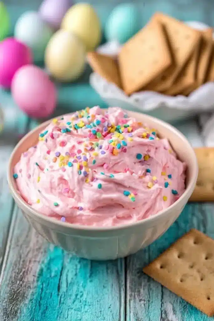Creamy pink Easter dessert dip with sprinkles in a bowl on rustic table