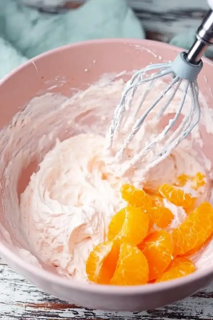 Easter Cookie Cake dip mixing with mandarin oranges in bowl