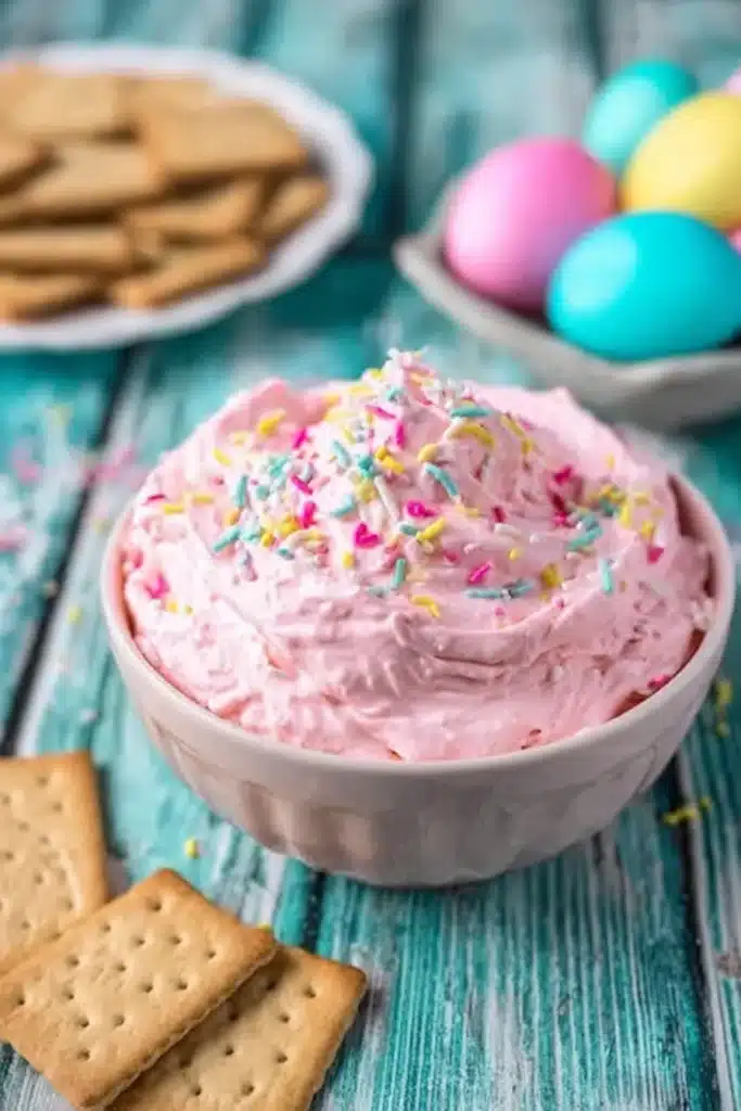 Creamy pink Easter dessert dip with sprinkles in a bowl on rustic table
