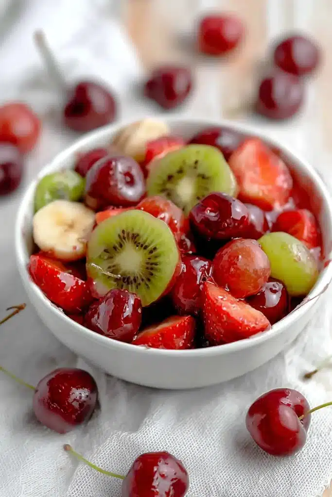 Easy Fruit Salad with Cherry Glaze 1 Easy fruit salad with cherries, strawberries, kiwi, grapes and banana in a bowl with glossy cherry glaze