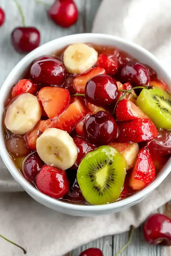Easy Fruit Salad with Cherry Glaze 2 Easy fruit salad with cherries strawberries kiwi grapes and banana in glossy cherry glaze