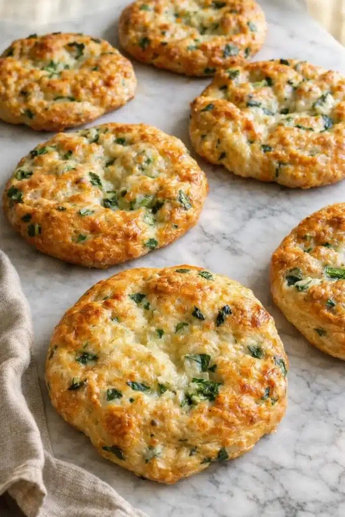 Easy Spinach Cottage Cheese Flagels Recipe 1 Golden spinach cottage cheese flagels with crispy edges on marble surface