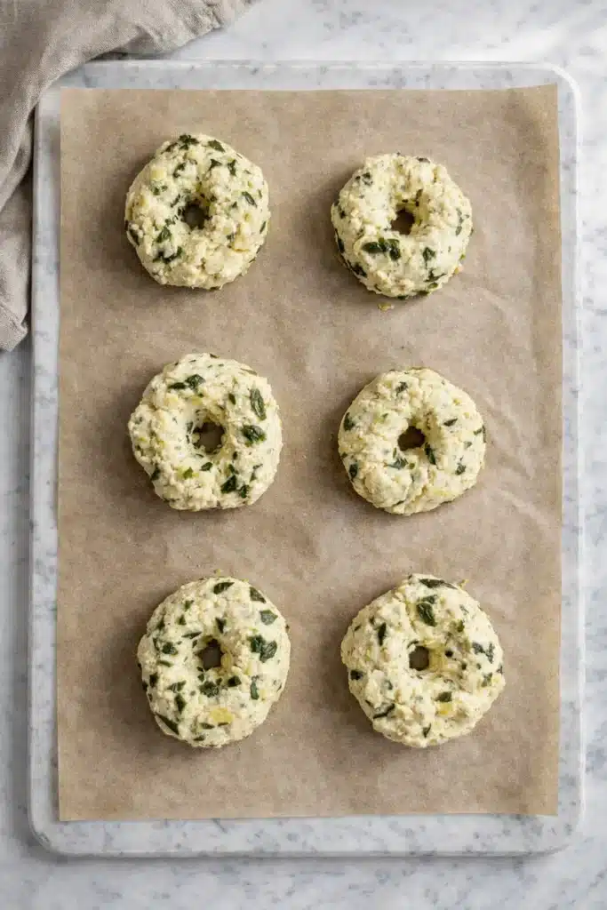 Easy Spinach Cottage Cheese Flagels Recipe 2 Uncooked Easy Spinach Cottage Cheese Flagels shaped on parchment