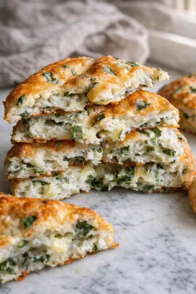 Easy Spinach Cottage Cheese Flagels Recipe 3 Easy Spinach Cottage Cheese Flagels showing soft cheesy interior