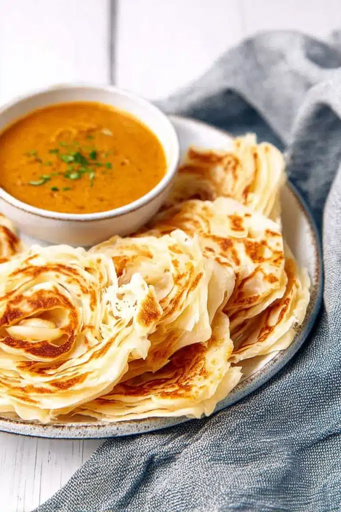 Flaky roti canai with curry on plate, crispy layered flatbread breakfast