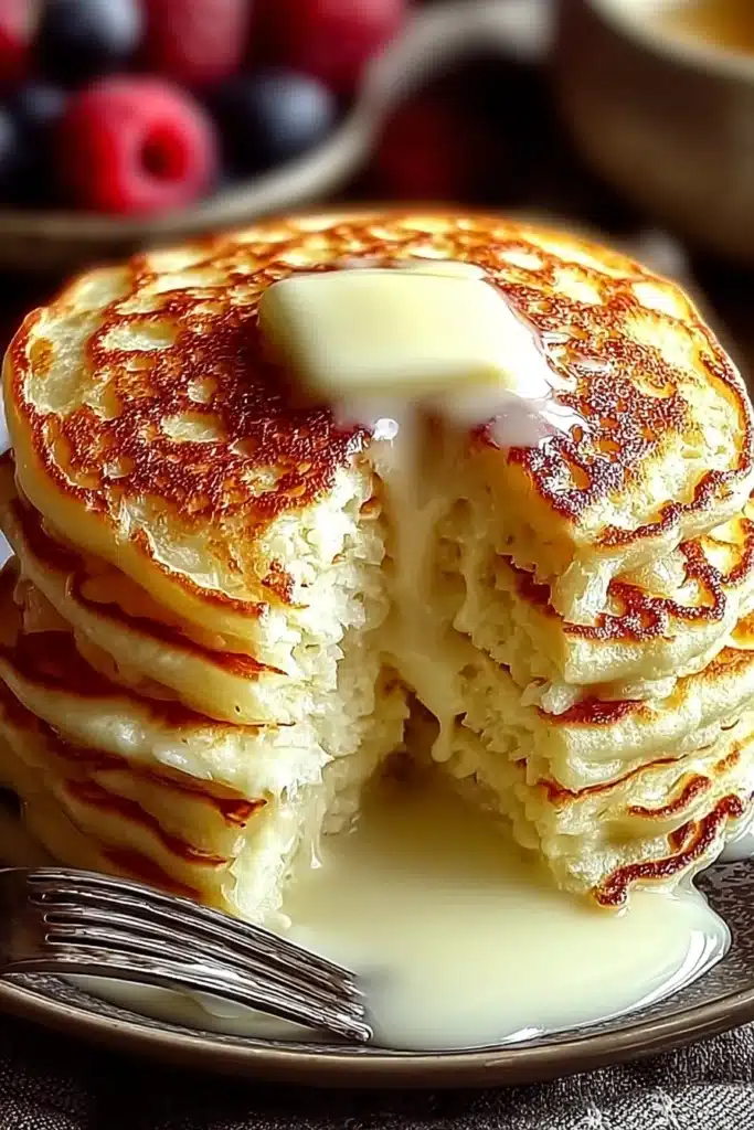 Flourless Cottage Cheese Pancakes Recipe (Easy & High Protein) 2 Flourless Cottage Cheese Pancakes with melted butter and fluffy interior