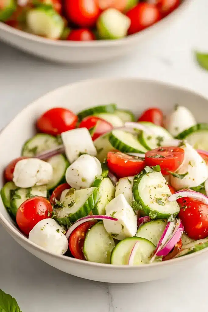 Fresh Cucumber Caprese Salad Easy Healthy Lunch Recipe 1 Fresh cucumber caprese salad with tomatoes, mozzarella, and basil in a bowl