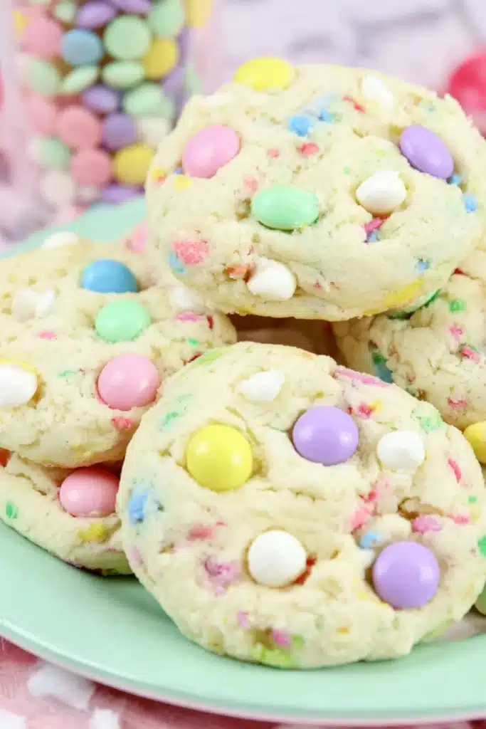 Funfetti Cake Cookies with pastel candies and white chocolate chips
