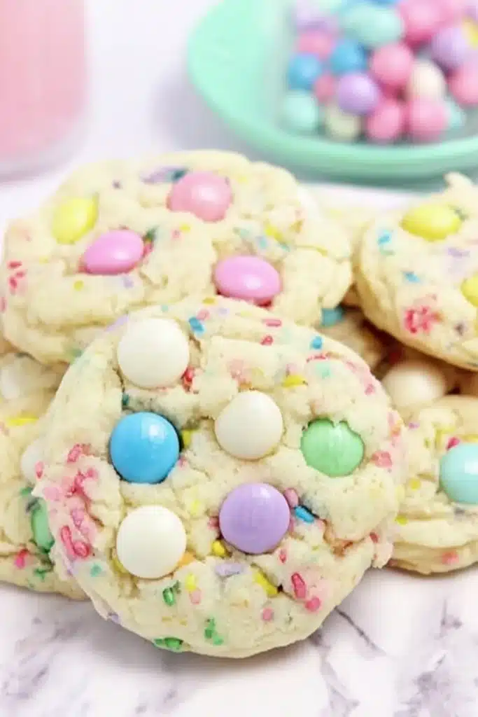 Soft funfetti cake cookies with pastel M and M candies and white chocolate chips on mint plate