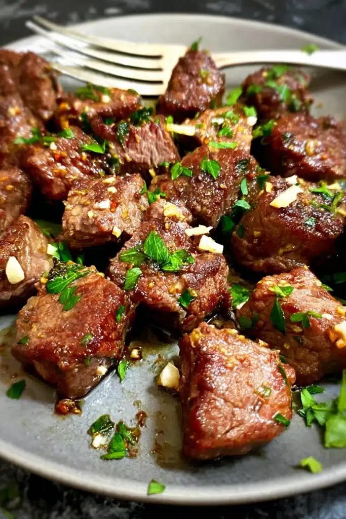 Garlic Butter Air Fryer Steak Bites 3 Garlic Butter Air Fryer Steak Bites served on plate with parsley garnish