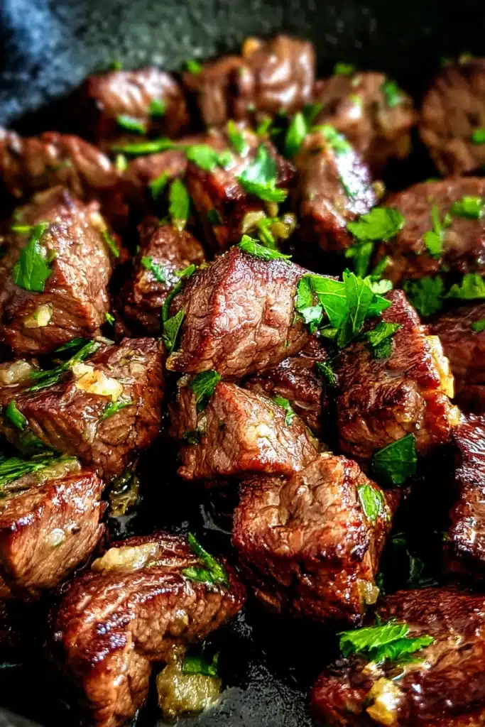 Garlic Butter Air Fryer Steak Bites 1 Garlic butter air fryer steak bites with crispy seared edges and fresh parsley garnish