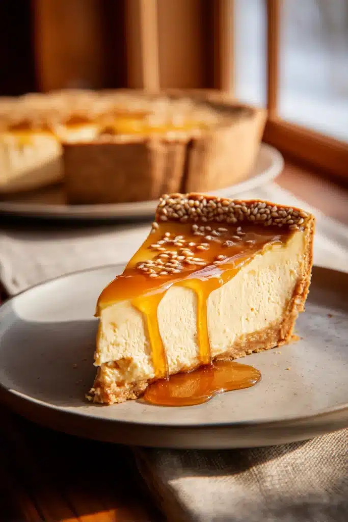 Golden Greek honey pie slice with creamy filling and honey drizzle on plate