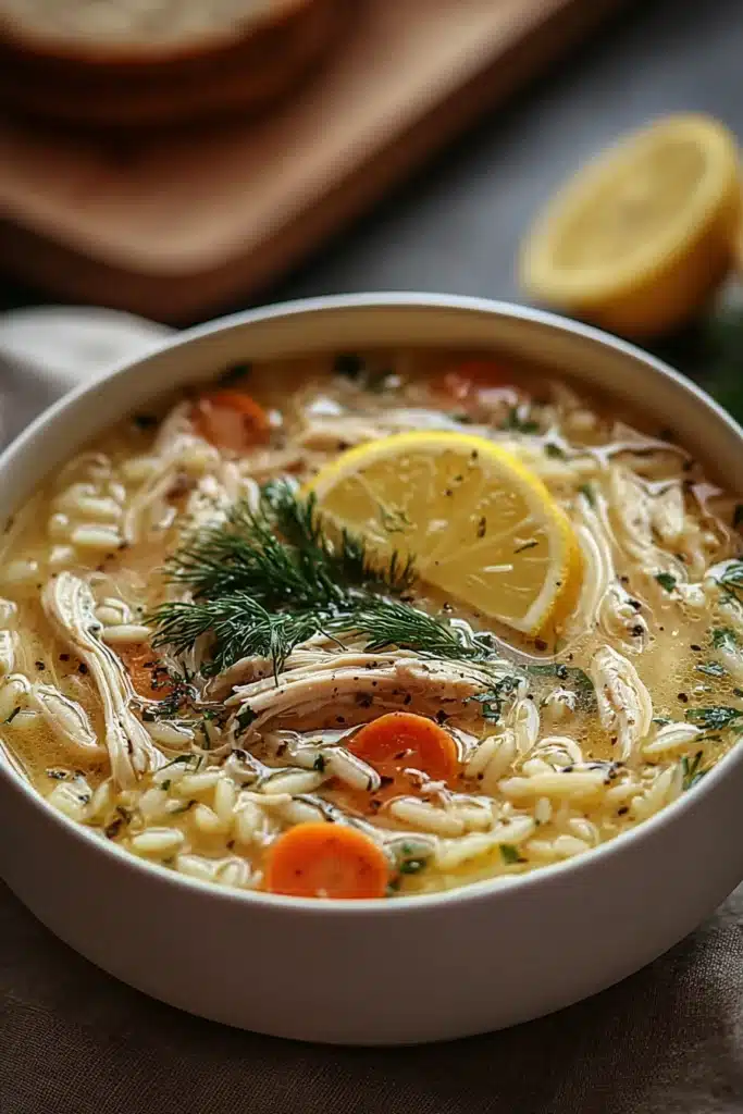 Greek Lemon Chicken Soup Recipe: Bright, Creamy, Comforting Bowl 2 Greek Lemon Chicken Soup with rice, shredded chicken, and lemon slice in a bowl