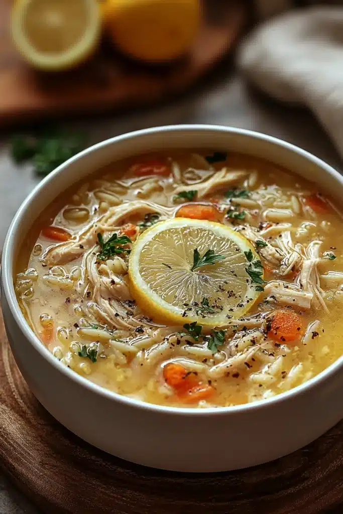 Greek Lemon Chicken Soup Recipe: Bright, Creamy, Comforting Bowl 1 Greek lemon chicken soup with rice, shredded chicken, and lemon slice in a rustic bowl