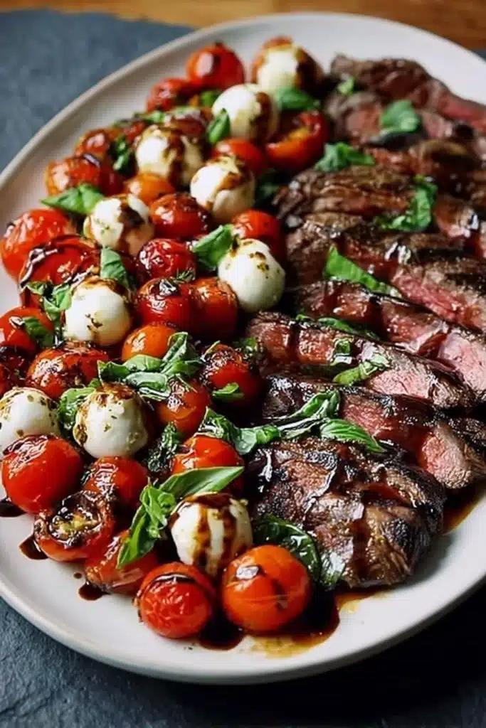 Grilled Flank Steak Caprese with Balsamic Dressing 1 Grilled Flank Steak Caprese with Balsamic Dressing with blistered tomatoes and mozzarella