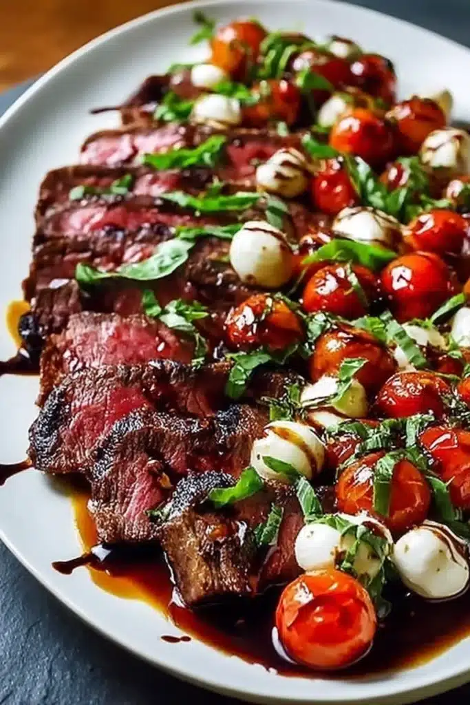 Grilled Flank Steak Caprese with Balsamic Dressing 2 Grilled Flank Steak Caprese with Balsamic Dressing close up