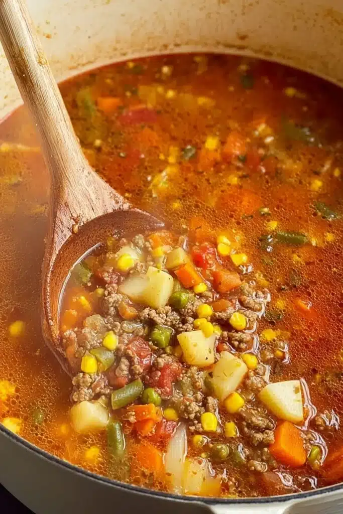 Hamburger Soup 3 Hamburger soup simmering in a pot with ground beef potatoes and vegetables