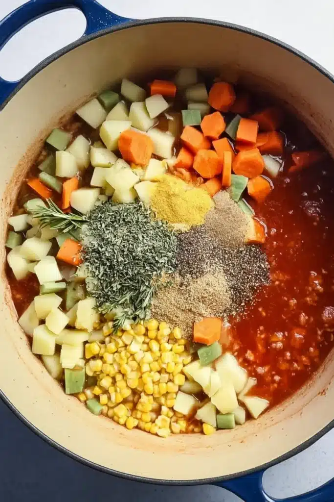 Hamburger Soup 2 Hamburger soup ingredients in a pot with potatoes, mixed vegetables, tomato base and ground beef