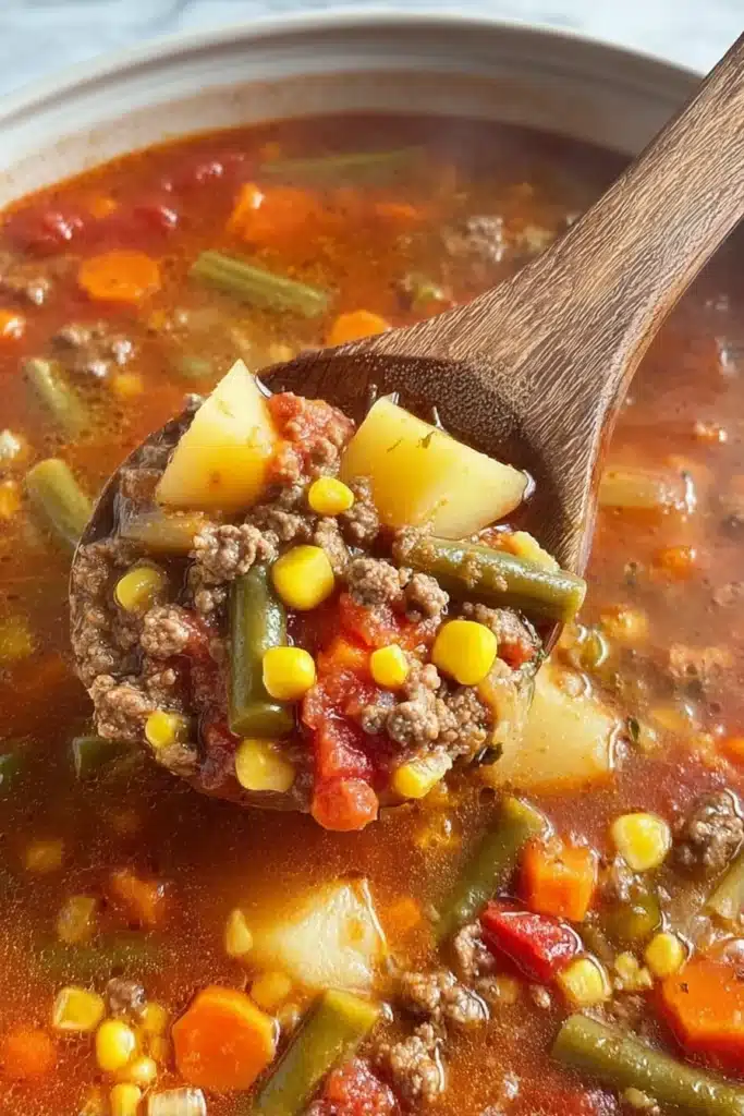 Hamburger Soup 1 Hearty hamburger soup with ground beef, potatoes, carrots, corn, and vegetables in tomato broth