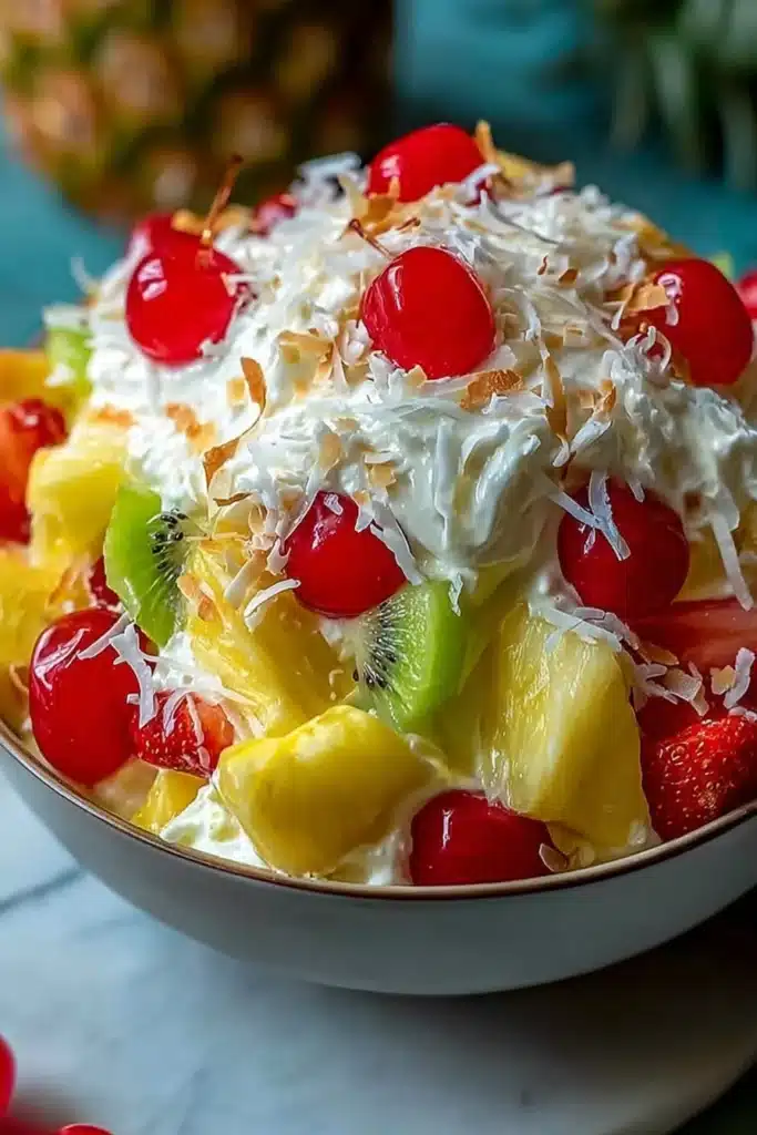Hawaiian Cheesecake Salad That’s Creamy, Easy, and Tropical 1 Hawaiian cheesecake salad with strawberries, pineapple, kiwi, cherries and toasted coconut