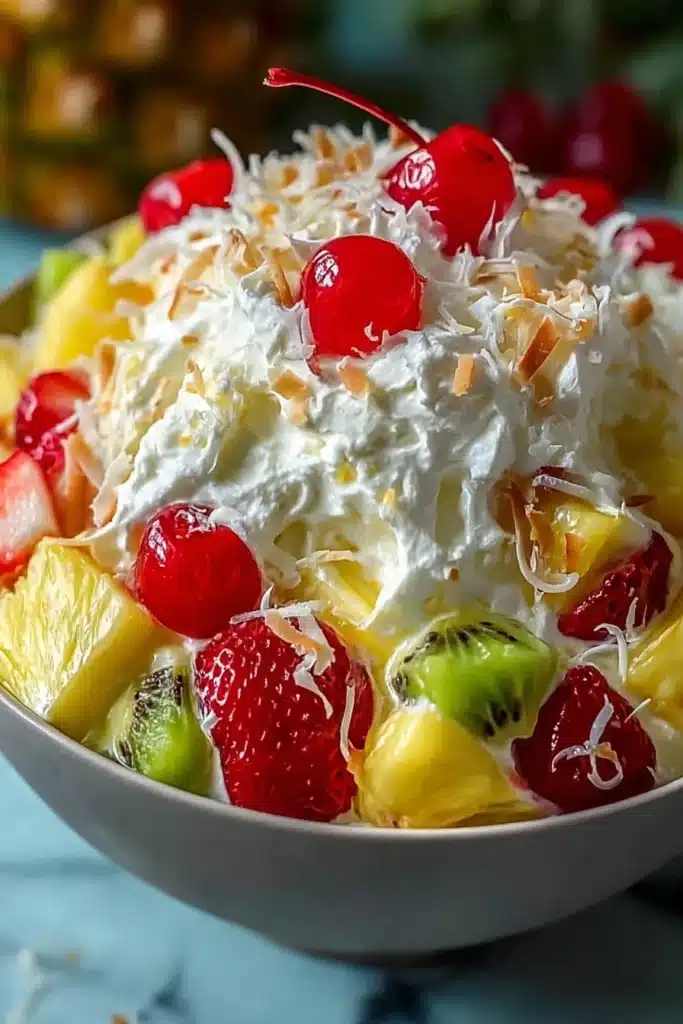 Hawaiian Cheesecake Salad That’s Creamy, Easy, and Tropical 2 Hawaiian cheesecake salad with strawberries, pineapple, kiwi, cherries and toasted coconut