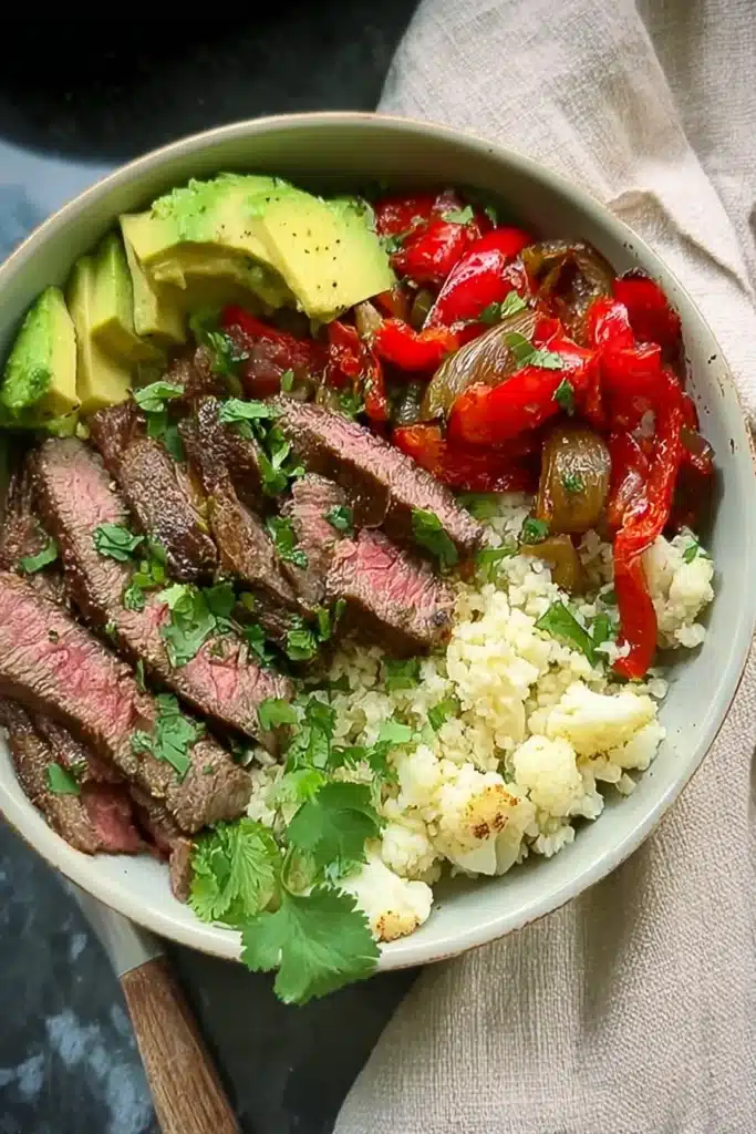 High protein steak fajita bowl with avocado, peppers, onions, and cauliflower rice