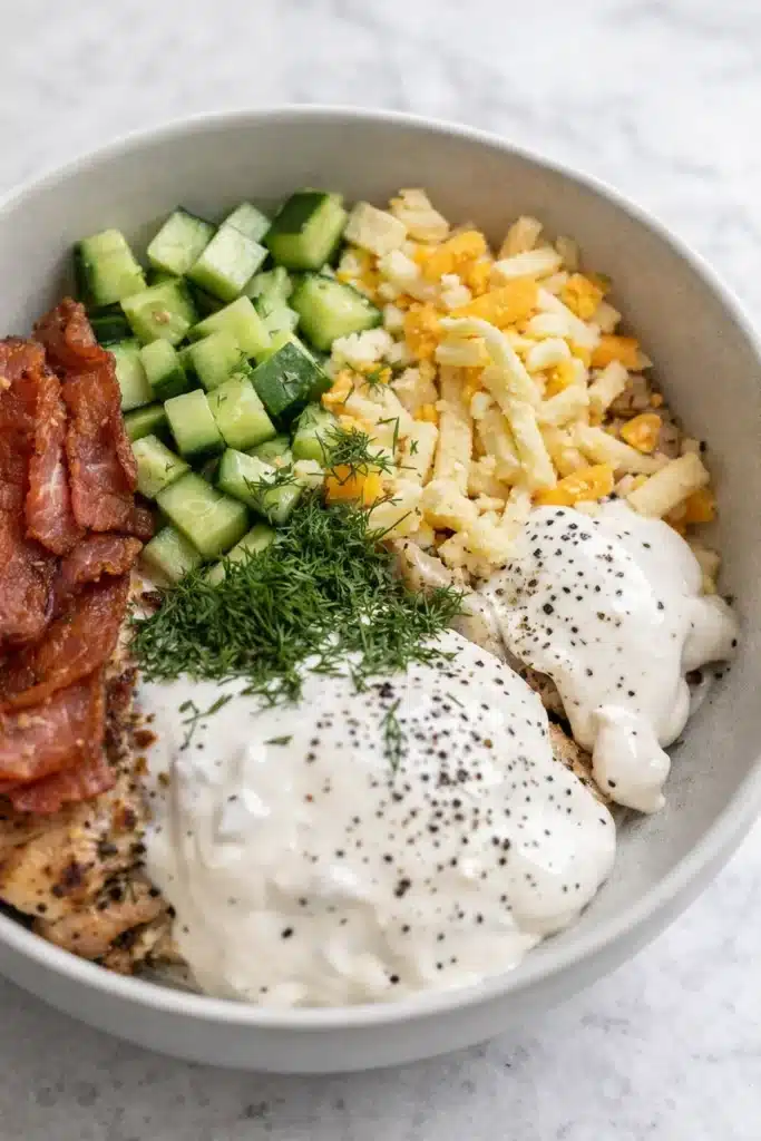 Inspired Chicken Salad with bacon, cucumber, cheddar, and creamy dressing