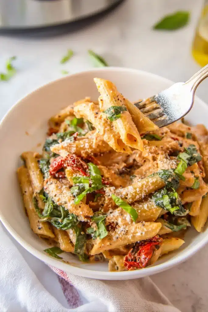 Fork lifting Instant Pot Marry Me Chicken Pasta with spinach and sun dried tomatoes