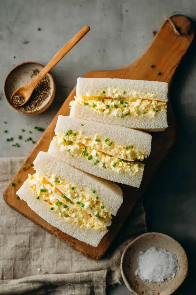 Japanese Egg Sandwich Recipe for a Quick and Easy Lunch 1 Japanese egg sandwich stacked on wooden board with creamy filling and chives