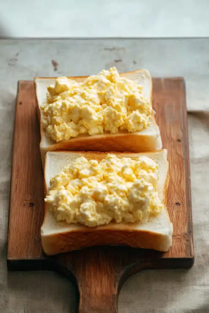 Japanese Egg Sandwich Recipe for a Quick and Easy Lunch 2 Japanese Egg Sandwich assembly with creamy egg filling on milk bread